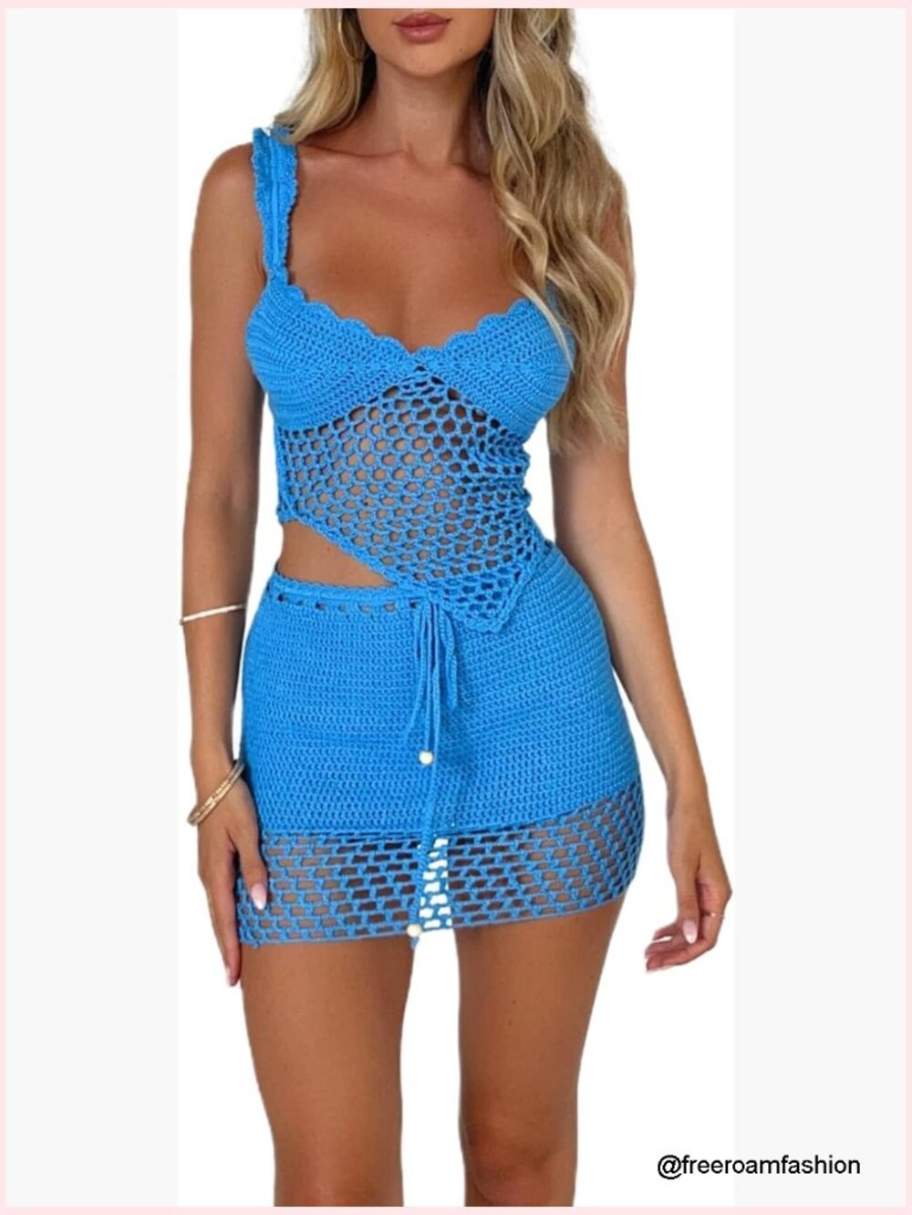 Crochet Knitted Two Piece Set Cami Top High Waist Skirt